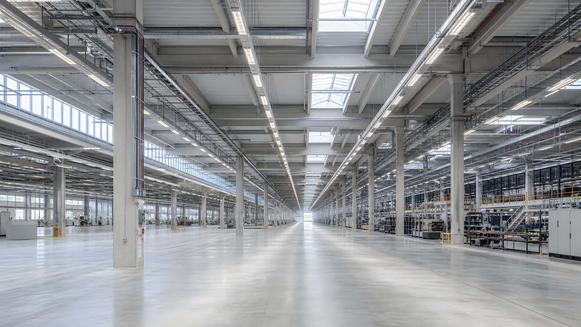 Weite moderne Industriehalle mit durchgehenden LED-Lichtbändern