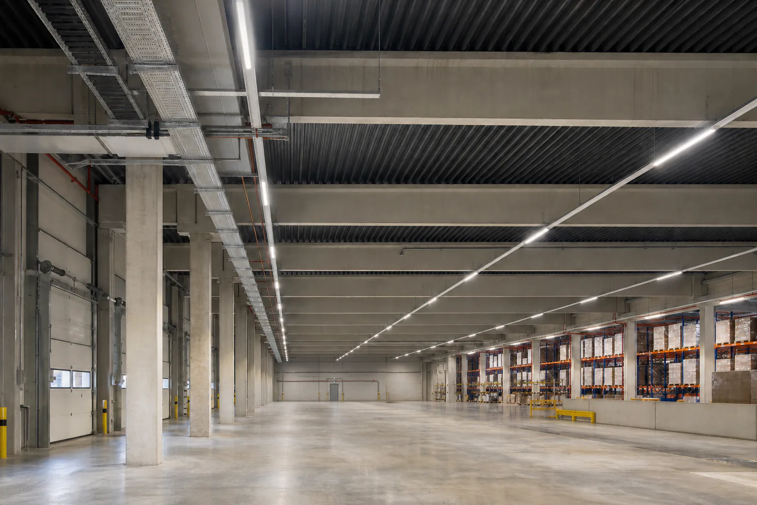 Großzügige deutsche Logistikhalle mit professionellen Elektroinstallationen und LED-Lichtbändern