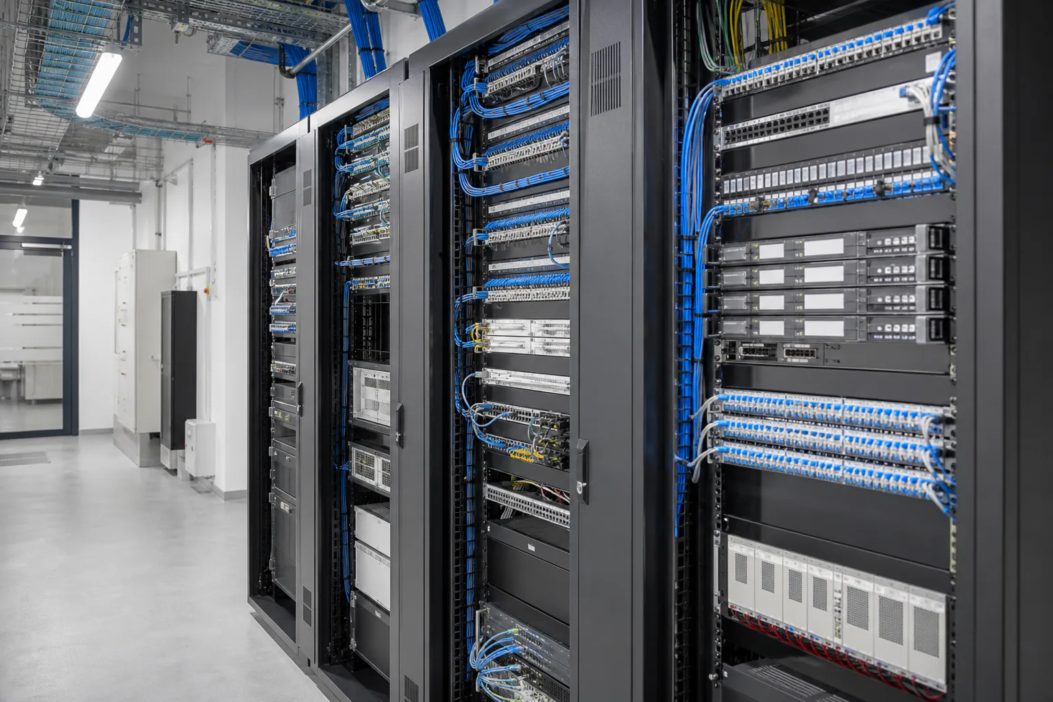 Professioneller Technikraum mit Netzwerkschränken und strukturierter Datenverkabelung